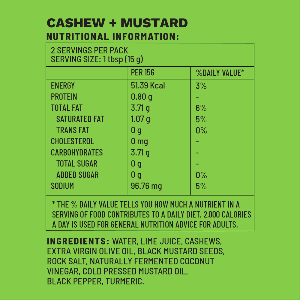 Cashew + Mustard | Sample Pack Table Condiments | Nutritional Information | Boombay