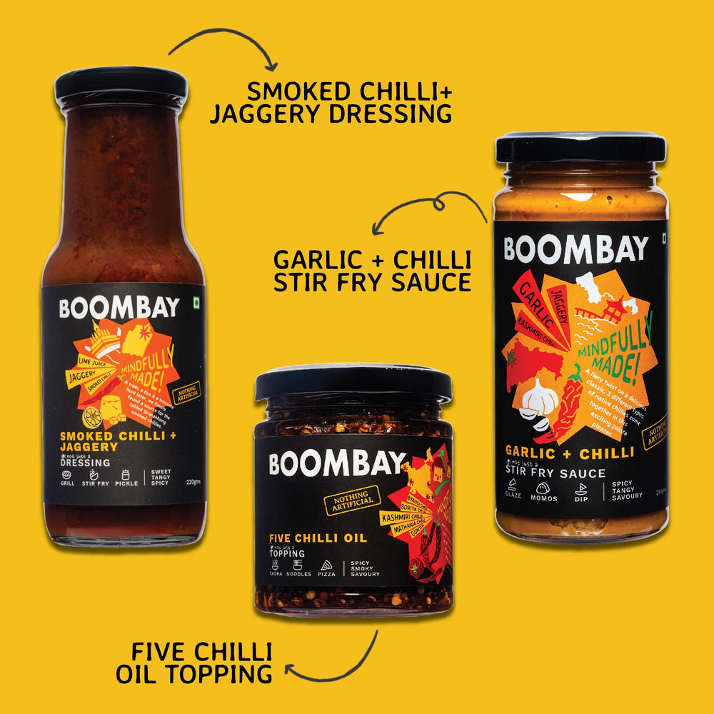 
            
                Load image into Gallery viewer,  Smoked Chilii + Jaggery Dressing | Garlic + Chilli Stir Fry Sauce | Five Chilli Oil Topping Online | Boombay&amp;quot;
            
        
