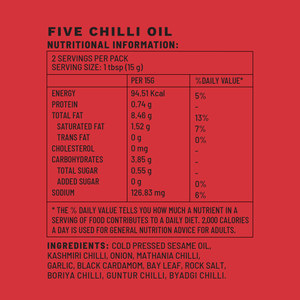Five Chilli Oil | Sample Pack Spice Box | Nutritional Information | Boombay