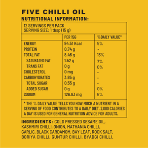 
            
                Load image into Gallery viewer, Five Chilli Oil | Topping | Nutritional Information | Boombay
            
        