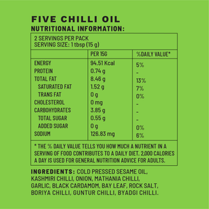 Five Chilli Oil | Sample Pack Table Condiments | Nutritional Information | Boombay