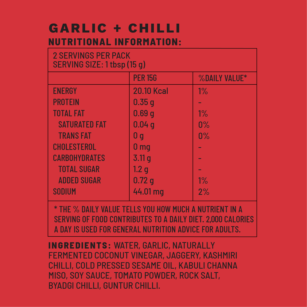 Garlic + Chilli | Sample Pack Spice Box | Nutritional Information | Boombay