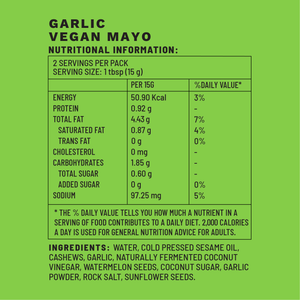 Garlic Vegan Mayo | Sample Pack Table Condiments | Nutritional Information | Boombay