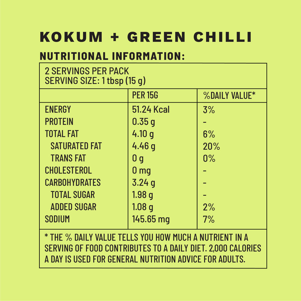 
            
                Load image into Gallery viewer, Kokum + Green Chilli | Sample Pack Dressings | Nutritional Information | Boombay
            
        