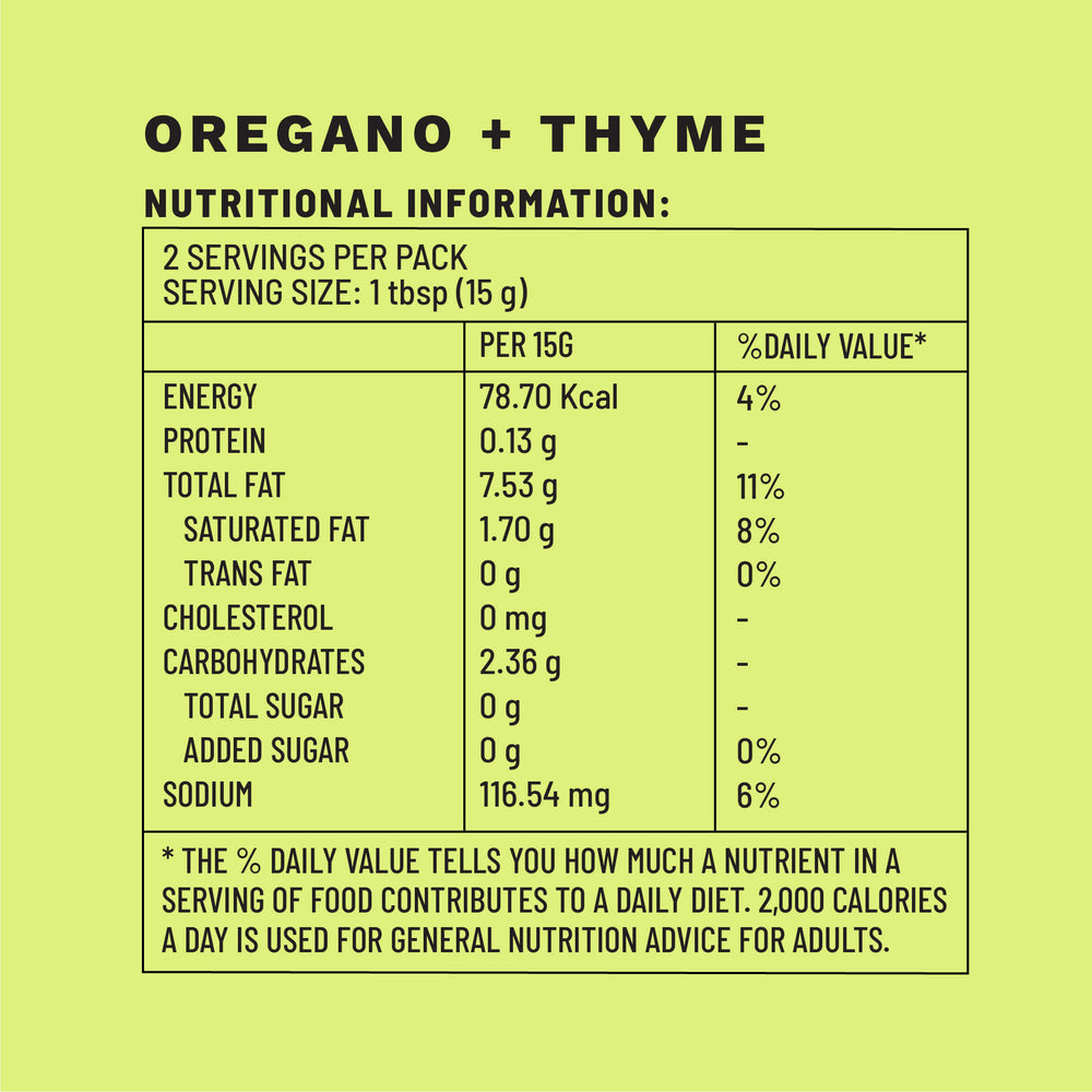 
            
                Load image into Gallery viewer, Oregano + Thyme | Sample Pack Dressings | Nutritional Information | Boombay
            
        