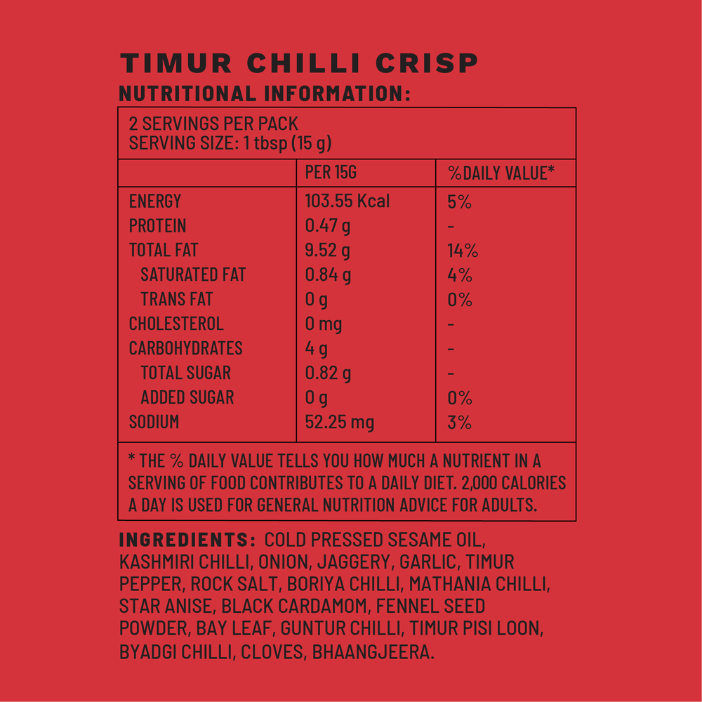 Timur Chilli Crisp | Sample Pack Spice Box | Nutritional Information | Boombay